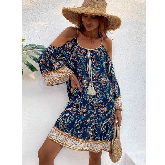 Navy Blue Cold Shoulder Tassel Detail Loose Fitting Mini Dress Short Floral - Picture 6 of 11